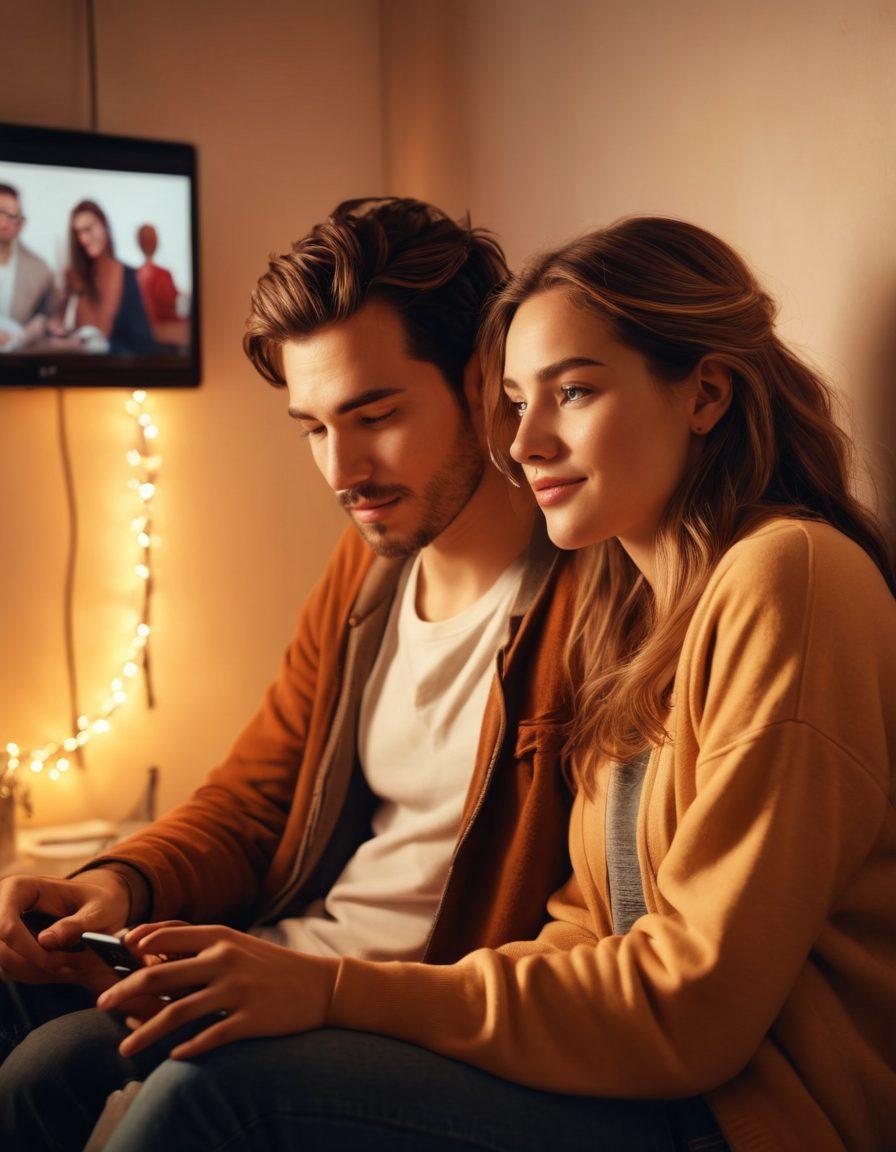 A passionate couple sitting close together, illuminated by soft ambient lighting in a cozy room filled with digital gadgets and romantic decor. Their expressions convey deep affection as they explore each other's faces, with a glowing screen in the background showing a romantic video call. The scene combines warmth and modernity, emphasizing connection in the digital age. super-realistic. warm colors. digital art.