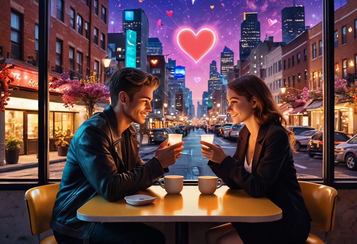 A whimsical digital collage illustrating modern romance: a glowing smartphone showing flirtatious messages, lovers sharing playful glances in a cozy café, heart-shaped emojis floating around them, with a soft cityscape in the background. Elements of courtship represented through coffee cups, flowers, and subtle digital icons. vibrant colors. cyberpunk.